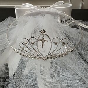 Elegant Silver Tiara with Cross and Rhinestones Girls